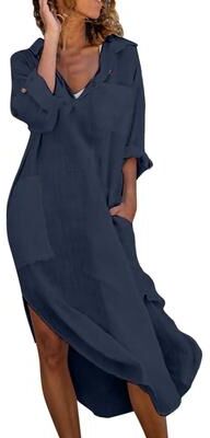 Uplifted Finds Shirt Dress For Women Linen Cotton Clothing Oversized Pure Long Midi Dress s navy Blue