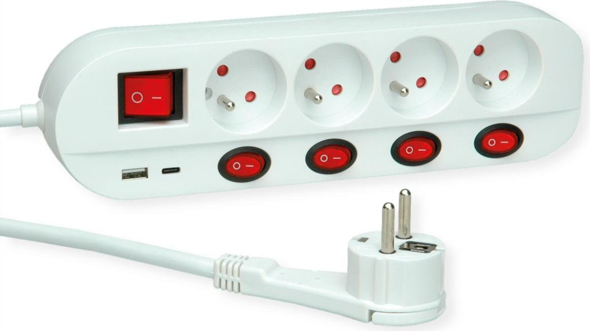 ROLINE stekkerdoos met 4 stopcontacten, schakelaar, USB-oplaadpoorten A en C, 1,5 meter