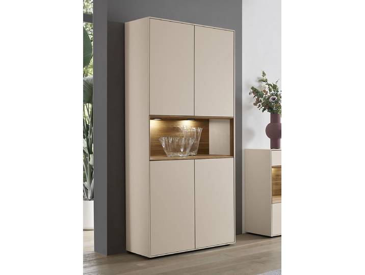 Vitrine 90x200cm 'Locarno' Wildeiche massiv & MDF creme inkl.Beleuchtung