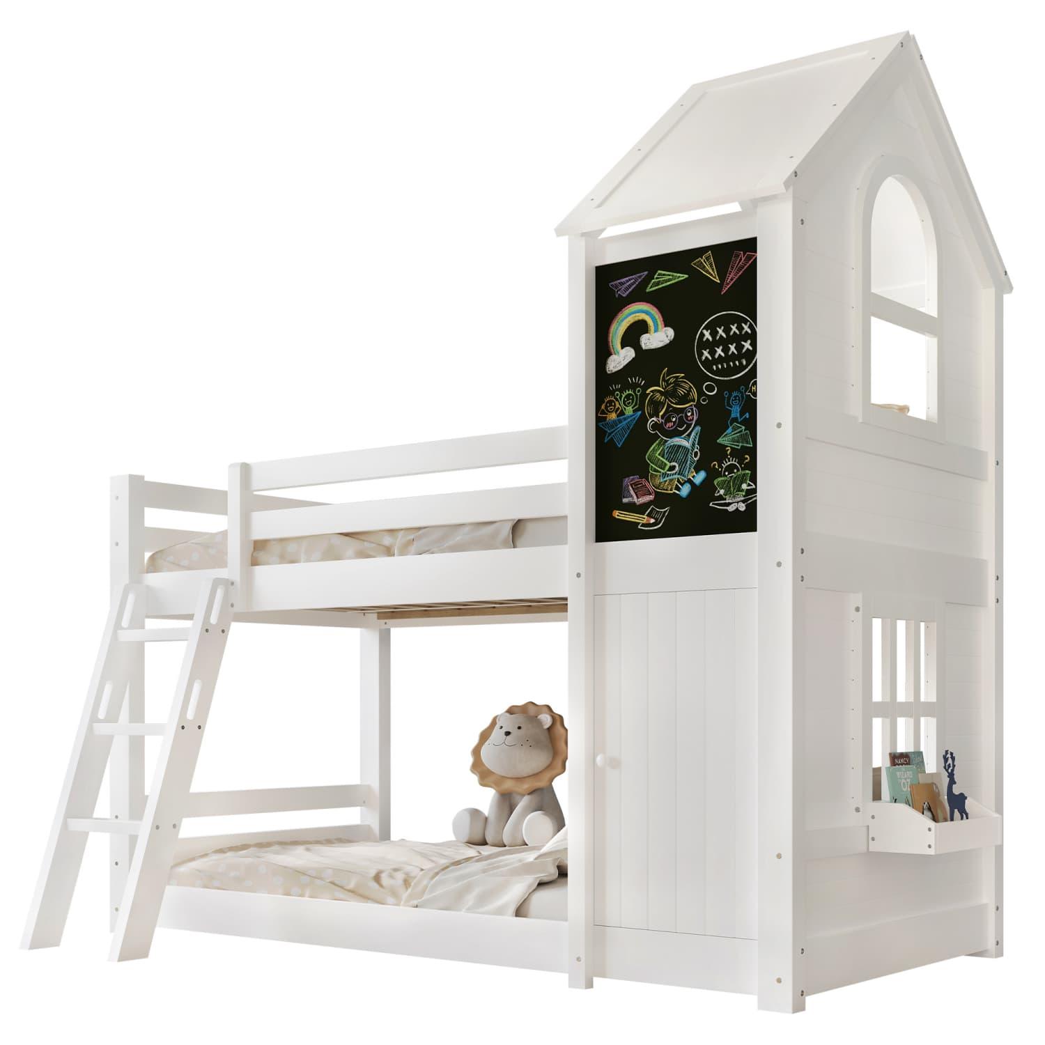 Etagenbett,Kinderbett,mit einerkleinen Tür+einer Tafel, Schöne Fenster und Dach, Dreistufige Schrägleiter, Stabile Lattenroste,Kiefer+MDF+PB+Sperrholz