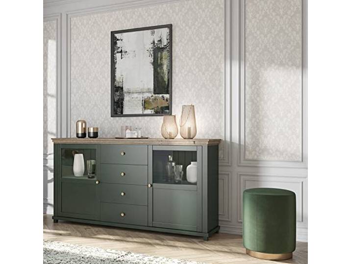 Lomadox Sideboard grün mit Eiche Lefkas Nb. Glaseinsatz Türen und Knopfgriffe, B/H/T: ca. 181/93/42 cm