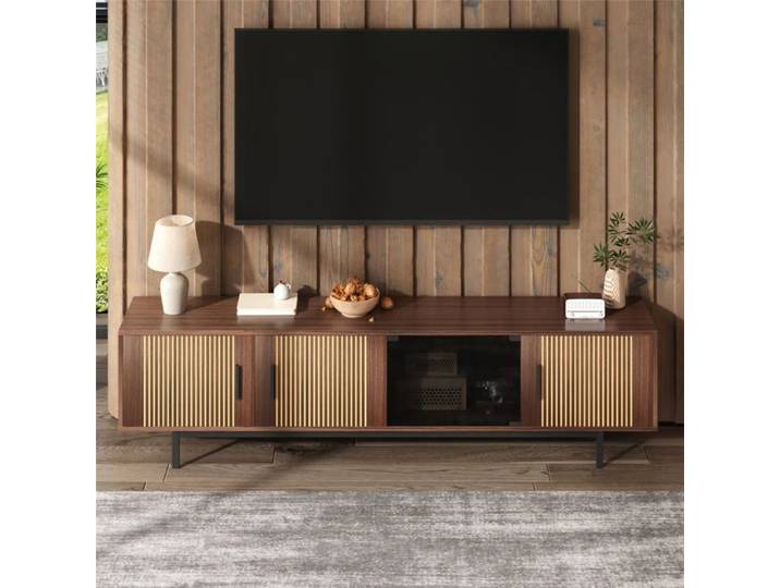 Meuble TV Design Moderne-Ruban LED et Porte Verre Trempé-Panneau Bas Texturé Élégant-Salon Contemporain Raffiné