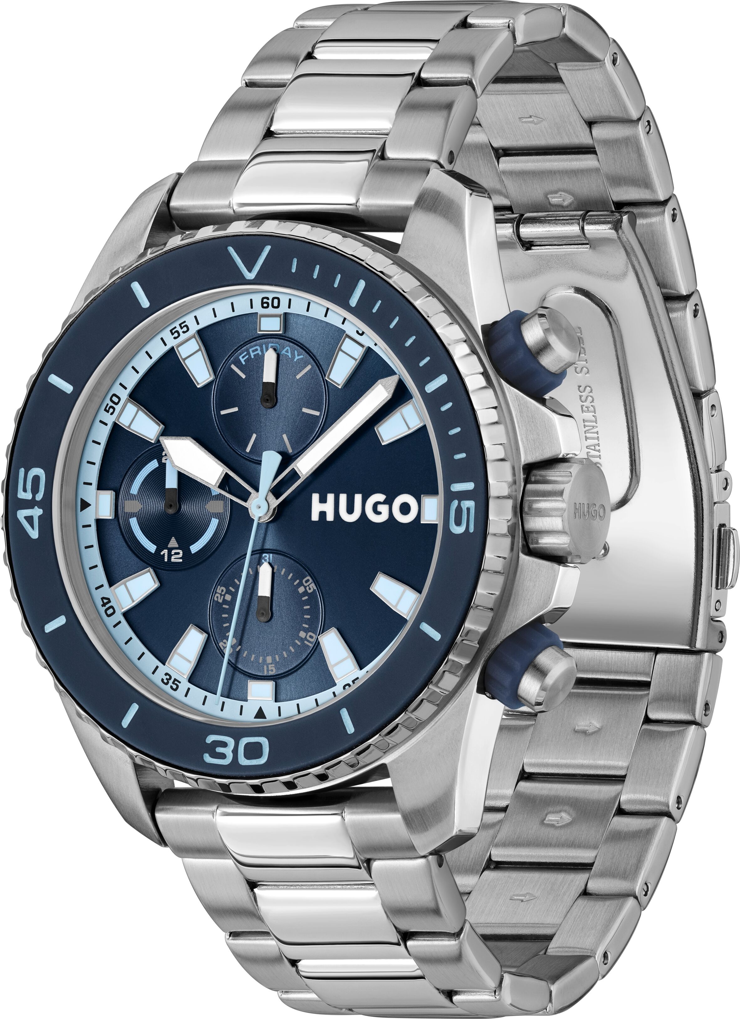 Multifunktionsuhr HUGO "DIVE", blau (silberfarben, blau), Armbanduhren, Herren, silberfarben, Multifunktionsuhr, Quarzuhr, Armbanduhr, Herrenuhr, Edelstahlarmband, analog