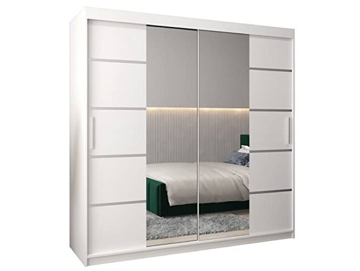 MEBLE KRYSPOL Verona 4 200 Schlafzimmerschrank Schiebetüren Schrank mit Spiegel Kleiderschrank mit Spiegel Schiebetürenschrank Kleiderschrank Schiebetüren – 200x200x62cm - Mattweiß