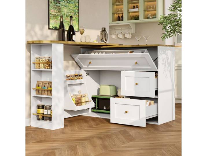 Console extensible avec rangement 1 porte 2 tiroirs abattants et plateau rotatif pour cuisine MDF blanc - UVRION