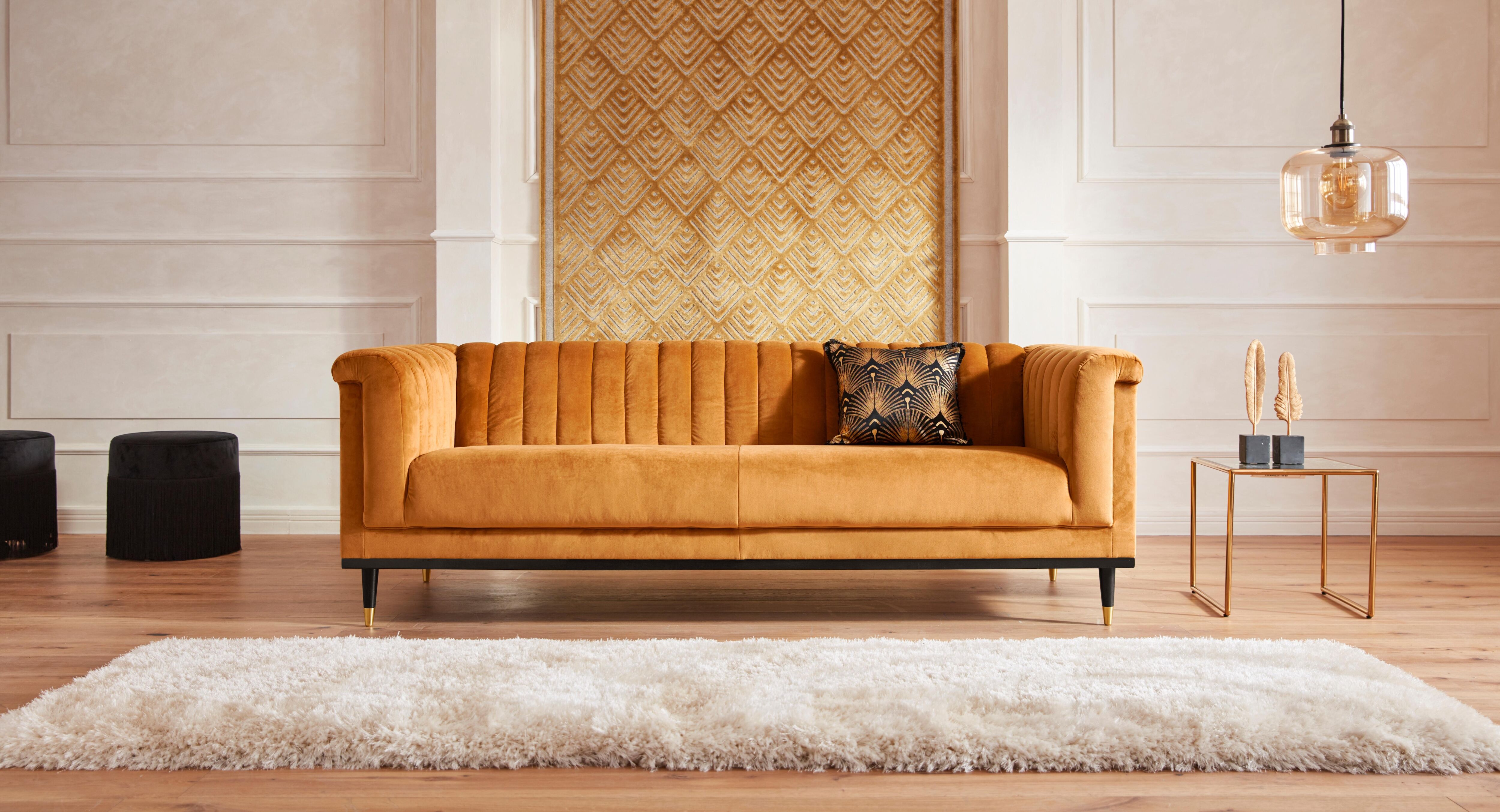 3-Sitzer HOME AFFAIRE "Chamby", gold (goldfarben), B:210cm H:71cm T:85cm, Luxus-Microfaser Lederoptik (100% Polyester), Scheuertouren: 40.000, Pilling: 4;Samtoptik (100% Polyester), Scheuertouren >100.000, Pilling: 5, Sofas, 3-Sitzer, mit Holzrahmen unten