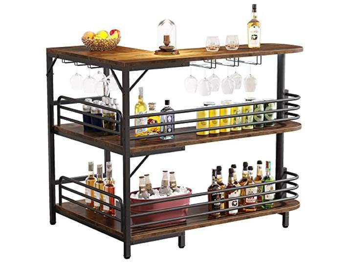 LITTLE TREE L-förmige Bar mit 3 Etagen, Likör-Bartisch, Eck-Wein-Barschrank, Mini-Bars für Zuhause, Küche, Pub, rustikales Braun