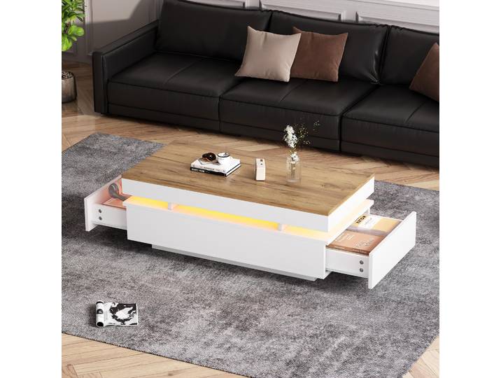 STILVORA Couchtisch mit 2 Schubladen und offener Lagerfläche, Beistelltisch mit LED-Ambientebeleuchtung, Wohnzimmertisch multifunktional für Sofa, Teetisch, Weiß + Holzton
