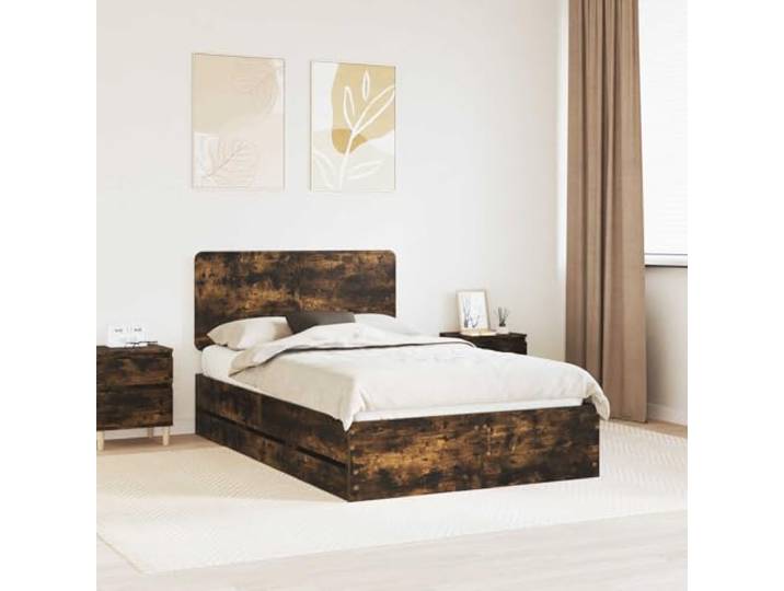 RJPLMFV Bettgestell, Raucheiche, 135 x 190 cm, Holz Mit verdeckter Schublade, robuster Lattenrost, einfache Montage, einfache Wartung