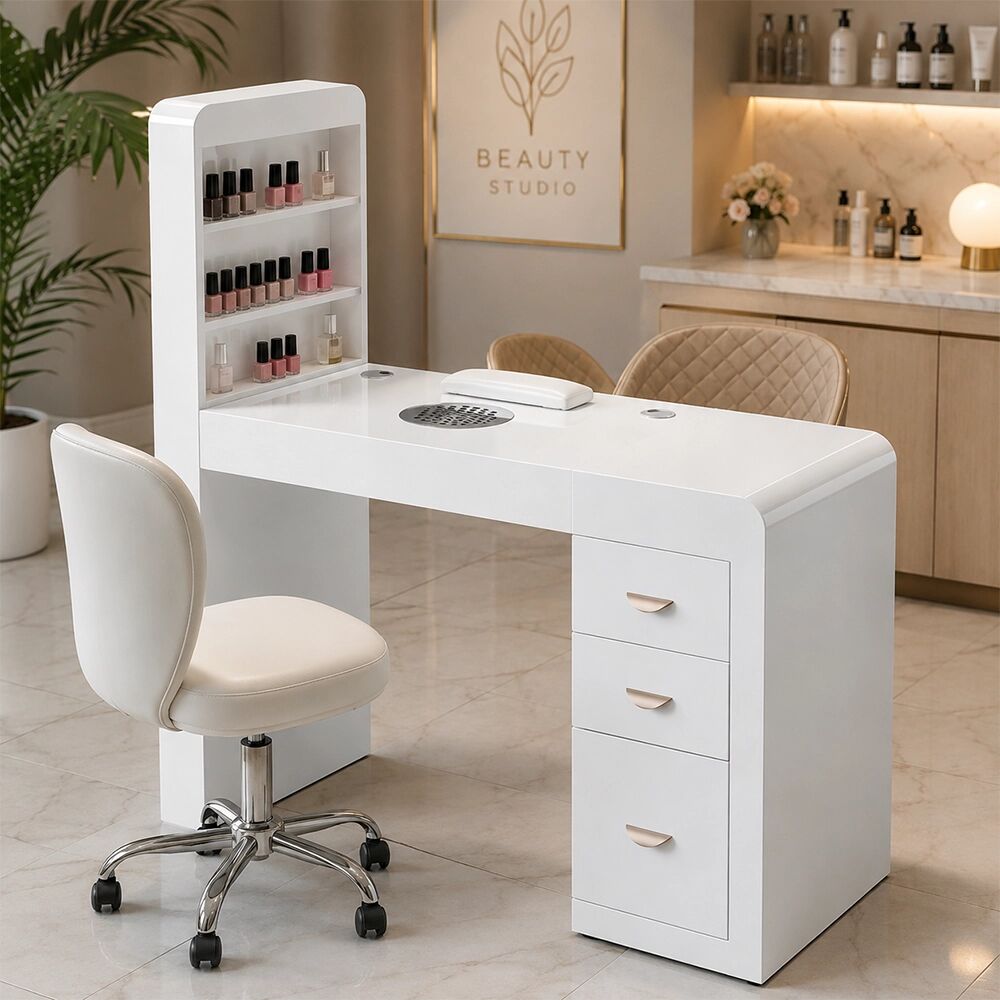 Tuttoperlestetica Tavolo manicure con aspiratore filtro tondo per estetista in legno laccato bianco Colonna espositore sinistra Regin Keopalia Ke131010