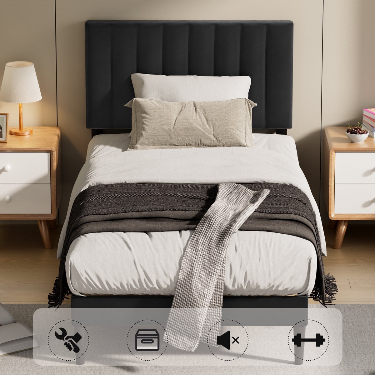 KUTAS Metalen Bedframe met Gestoffeerd Hoofdbord en Opbergruimte - Zwart - 90x200 cm