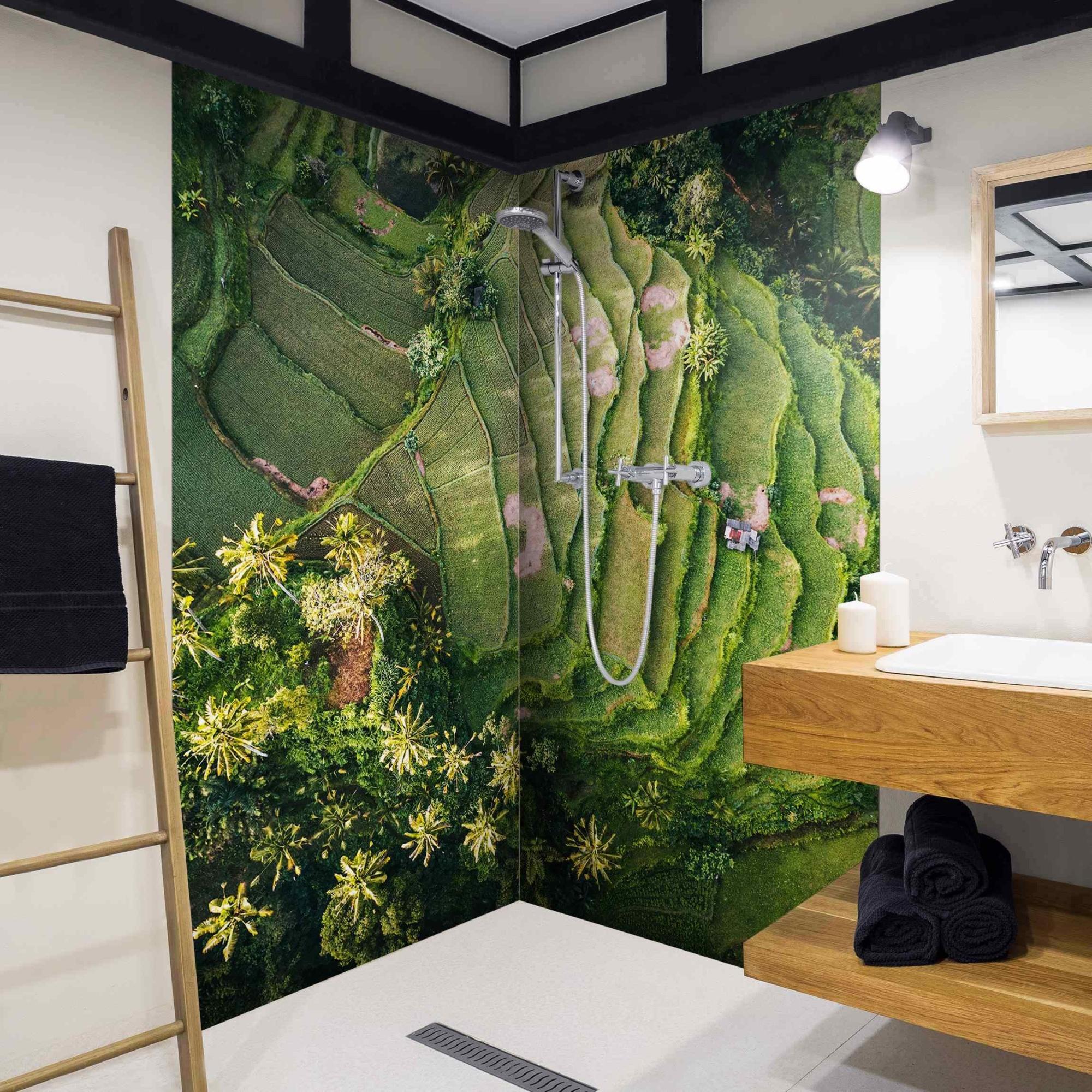 Duschrückwand Natur selbstklebend - 0.35 mm Wandpaneel wasserfest Palme grün Tropisch Badrückwand fugenlos Smart matt 110x210 cm