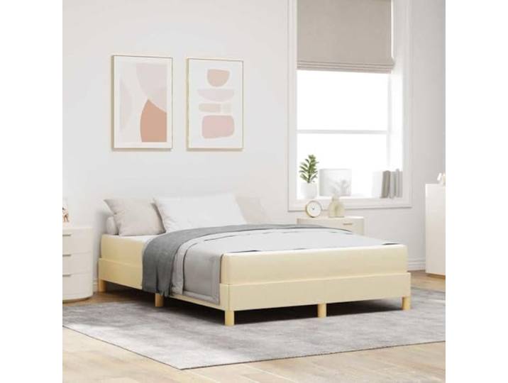 RJPLMFV Boxspringbett, Stoff, cremefarben, 140 x 190 cm mit Matratze Taschenfedern, mittlere Festigkeit, schwarze Füße, Lattenrost, modernes Schlafzimmer