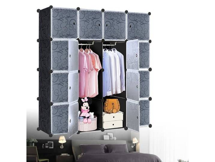 HENGMEI Armoire de rangement Noir DIY Étagère Système Penderie à monter soi-même(16 boîtes avec porte)