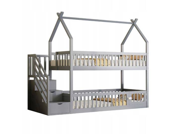 Lit superposé enfant 90x200 toit escalier tiroirs gris