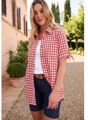 Plus Size Women's French Check Shirt by Roaman's in Vivid Red Check (Size 34 W)