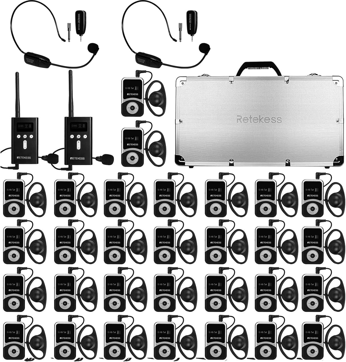 Retekess T130S Wireless Tour Guide System, mit 2 Mikrofon Drahtloses Reiseführungssystem, Tragbarer Ladebox mit 32 Steckplätzen für Tourismus, Fabrik