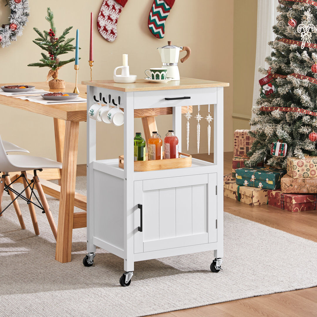 Yaheetech Rolling Kitchen Cart with Solid Wood Top & Legs White 89cm H X 55cm W X 45cm D