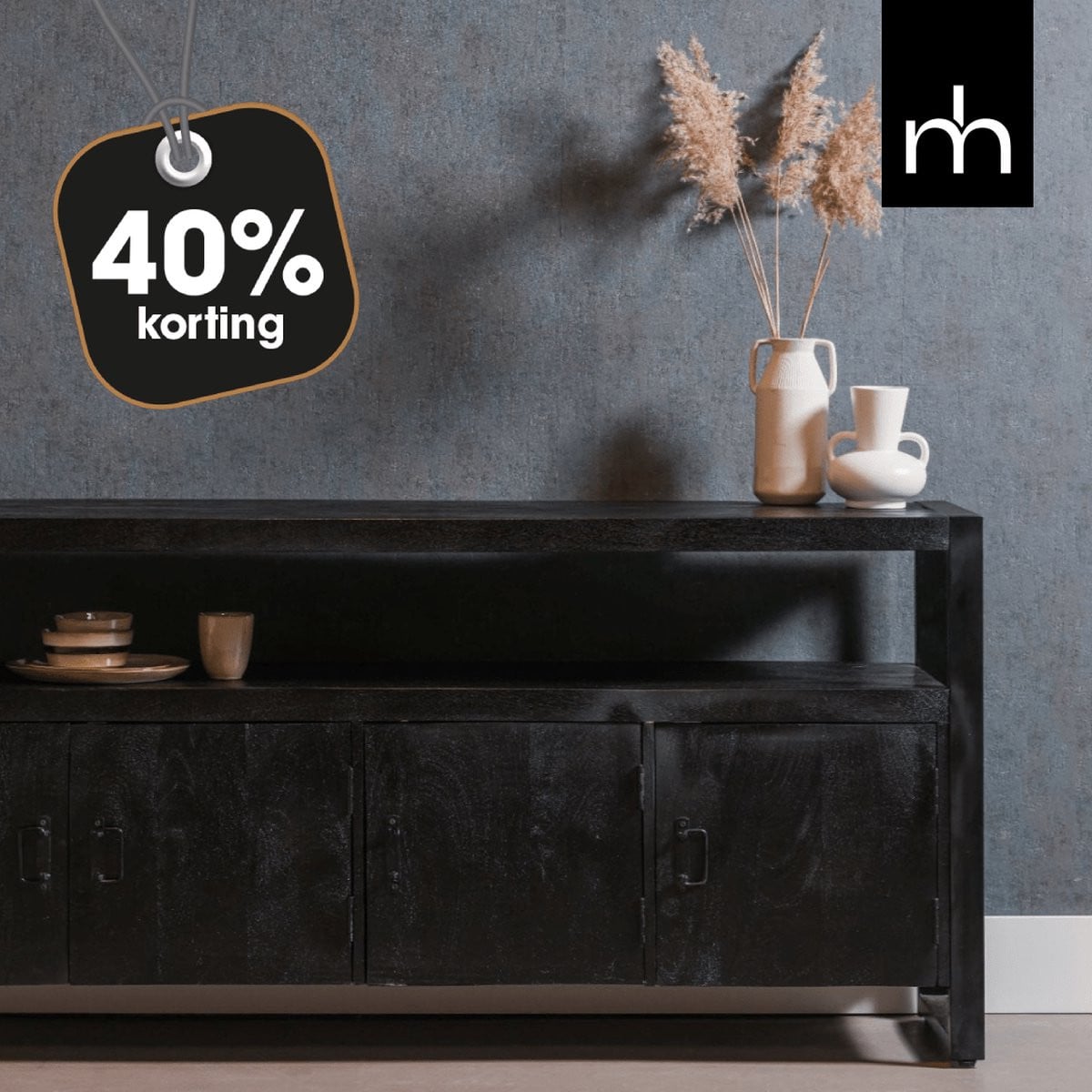 Mahom Industrieel Dressoir Britt Black - Mangohout en Metaal - 180 cm