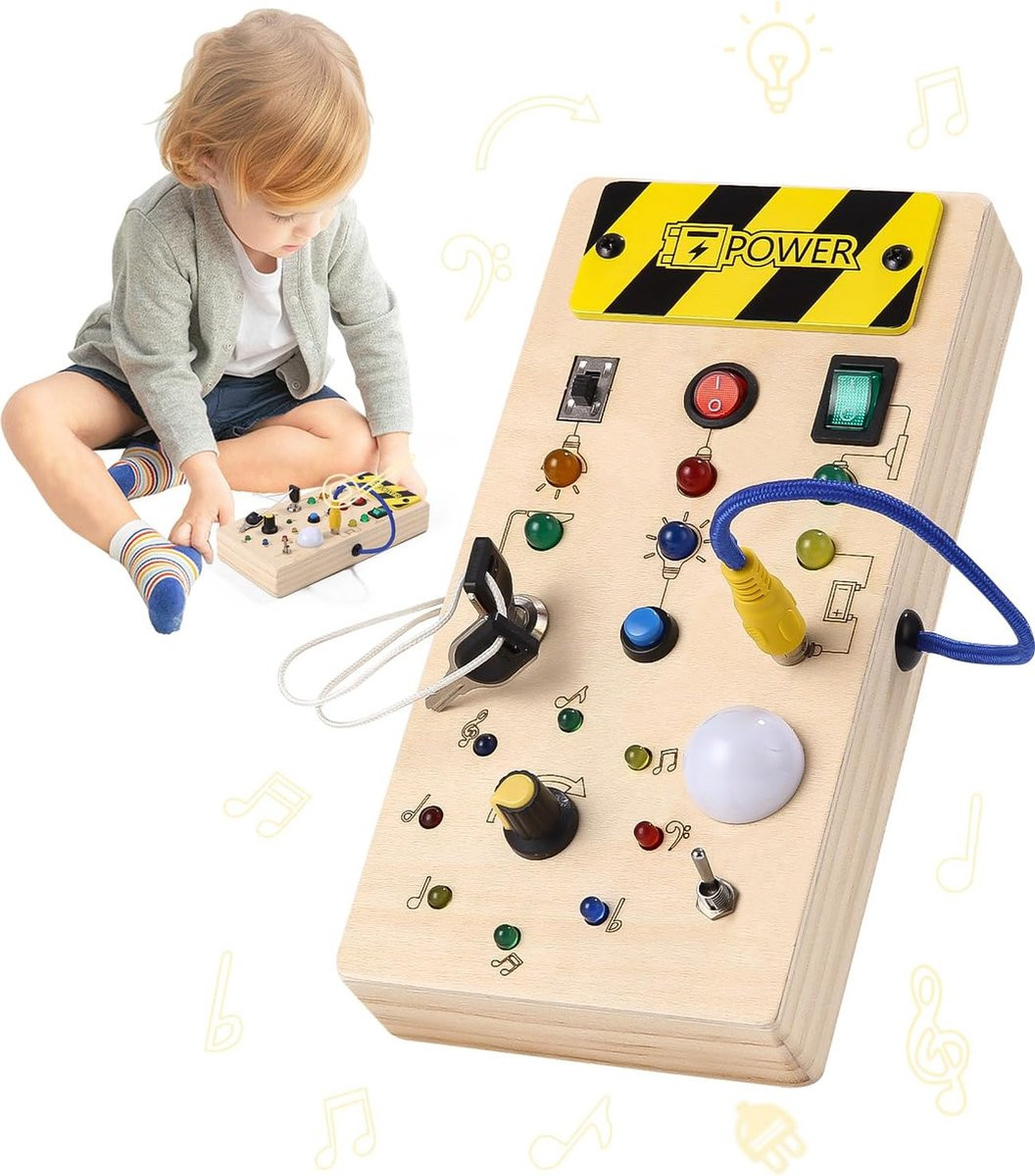 Montessori Busy Board houten activiteitenbord met 8 LED-lichtschakelaars voor kinderen vanaf 1 jaar