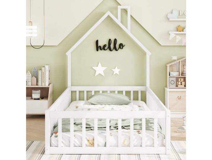 Lit enfant 90x200 cm minimaliste - Sommier lattes pin blanc - Décoration chambre - Sans matelas
