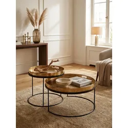 Couchtisch 2er Set Metall Rund Hammerschlag Abnehmbares Tablett, Gold 56x56x33 cm