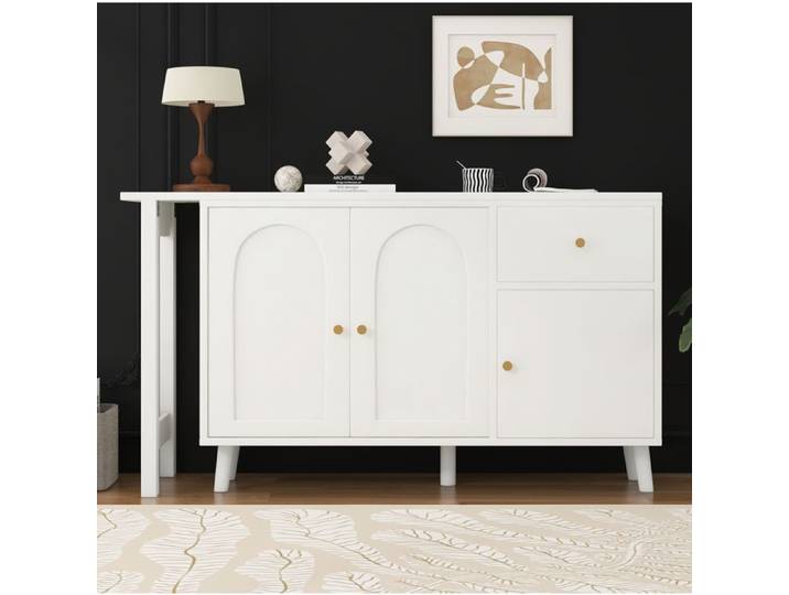Bureau pivotant 2-en-1 120 x 40 x 74 5 cm avec sideboard 3 portes 1 tiroir blanc plateau rotatif 360°
