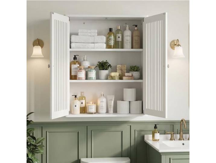 ULEVR Armoire murale de salle de bain blanche à double porte façade à lamelles MDF et panneaux de particules