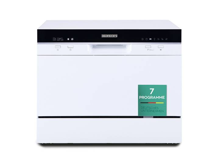 Heinrich's HTG 8840 Weiss lave-vaisselle de table 6 couverts mini lave-vaisselle de comptoir 7 programmes affichage numérique départ différé 24 h ouverture automatique séchage puissant cordon d'alimentation adoucisseur d'eau 47 dB faible bruit classe éner