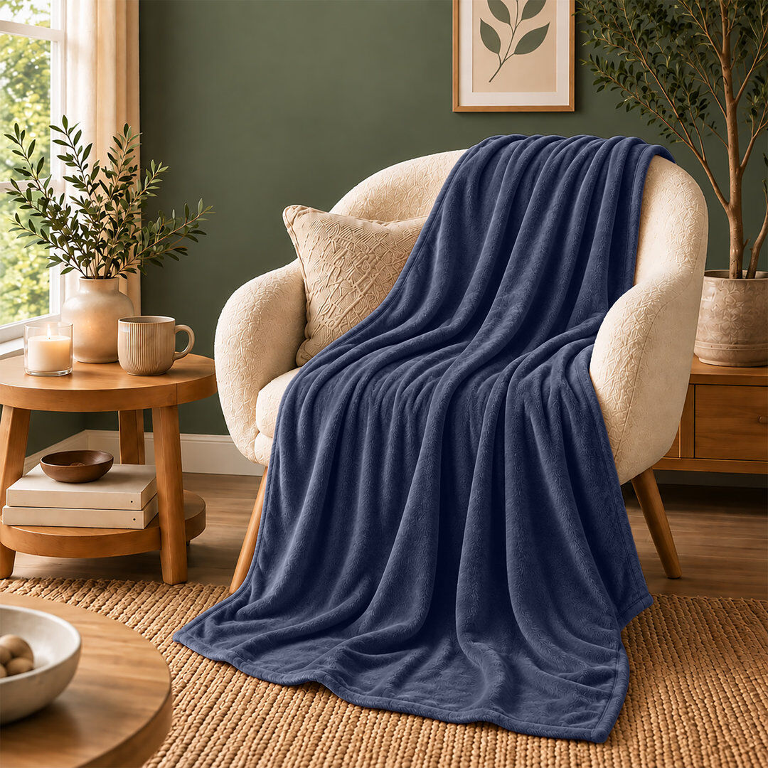 MOONLIGHT BEDDING Ultra-Soft Hotel Quality Reversible Plain Weave Fleece Throw Blanket NAVY SINGLE