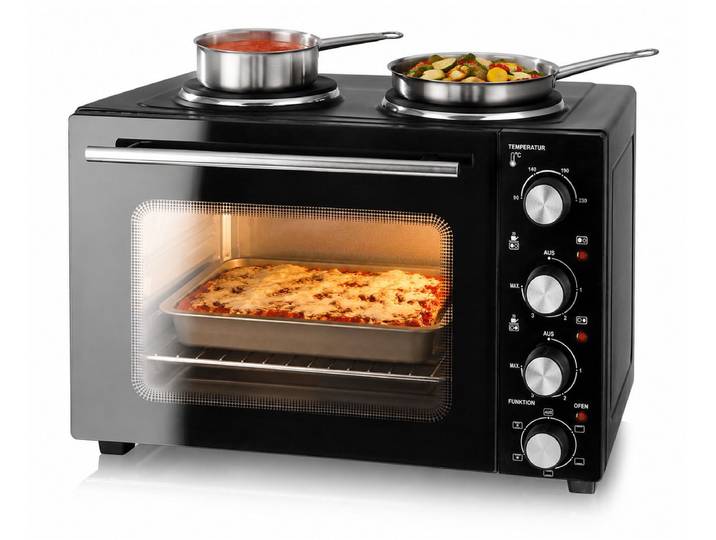 Emerio Mini-oven - 2 Kookplaten - 90-230ºC - Boven- & Onderwarmte - Heteluchtfunctie - Binnenverlichting - Draadrooster + Bakplaat - MO-125236.4 Zwart