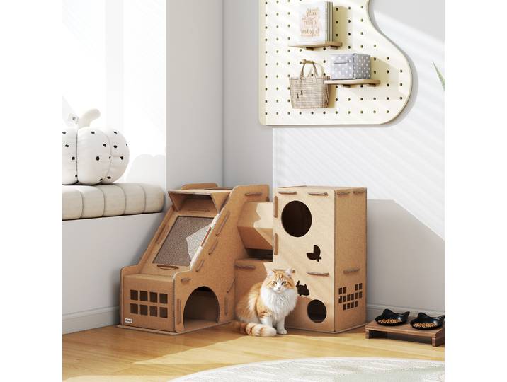 PawHut Château en Carton 2 Niveaux avec Grattoirs Marron