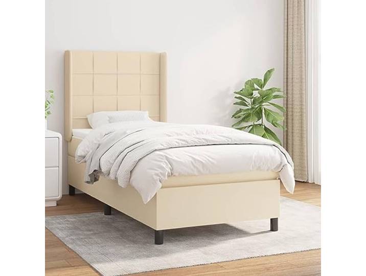 YNGBHFNOP Strapazierfähiger Stoff Atmungsaktiv Verstellbares Kopfteil Boxspringbett mit Matratze Creme 90x200 cm Stoff Bett mit Bettkasten Erholsamer Schlafkomfort Hohes Kopfteil Topper Inklusive