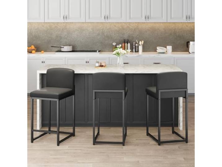 IDEALHOUSE 2er-Set Barhocker mit Rückenlehne & Fußstütze – 63 cm hohe Thekenhocker aus Kunstleder, Robustes Metallgestell für Kücheninsel, Esszimmer & Bar – Schwarz