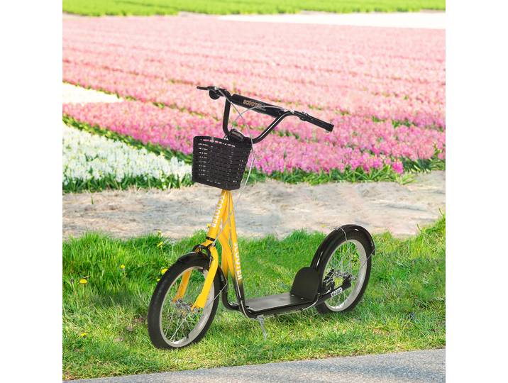 HOMCOM Trottinette patinette Enfant Grandes Roues pneumatiques Guidon réglable Frein AV-AR Garde-Boue béquille Panier métal Jaune Noir