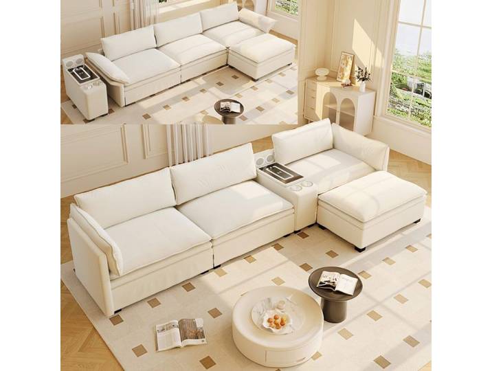 Canapé d'angle modulable en L Canapé 3 places en chenille avec LED recharge sans fil haut-parleur porte-gobelets pouf - beige