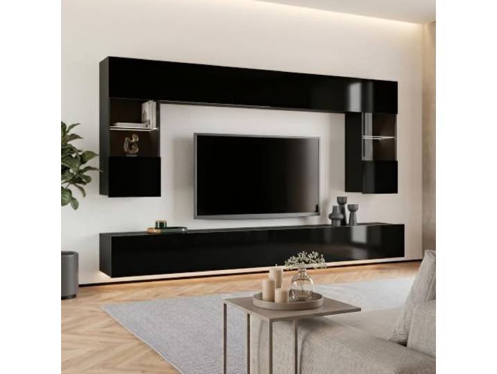 Lomadox Wohnwand Anbauwand schwarz Hochglanz 6-teilig Modern, mit 2 TV-Lowboards, 2 Hängevitrinen mit Beleuchtung, 2 Hängeschränke
