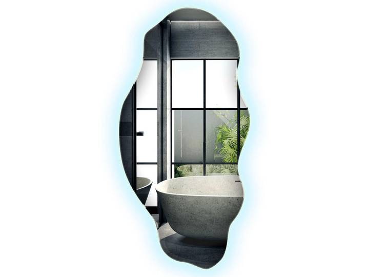 Wallfluent Led-Spiegel 40x80 cm Asymmetrisch Kaltweiß 6000K, Blau, Glas, Organisch, 40x80x0.4 cm, Spiegel, Wandspiegel