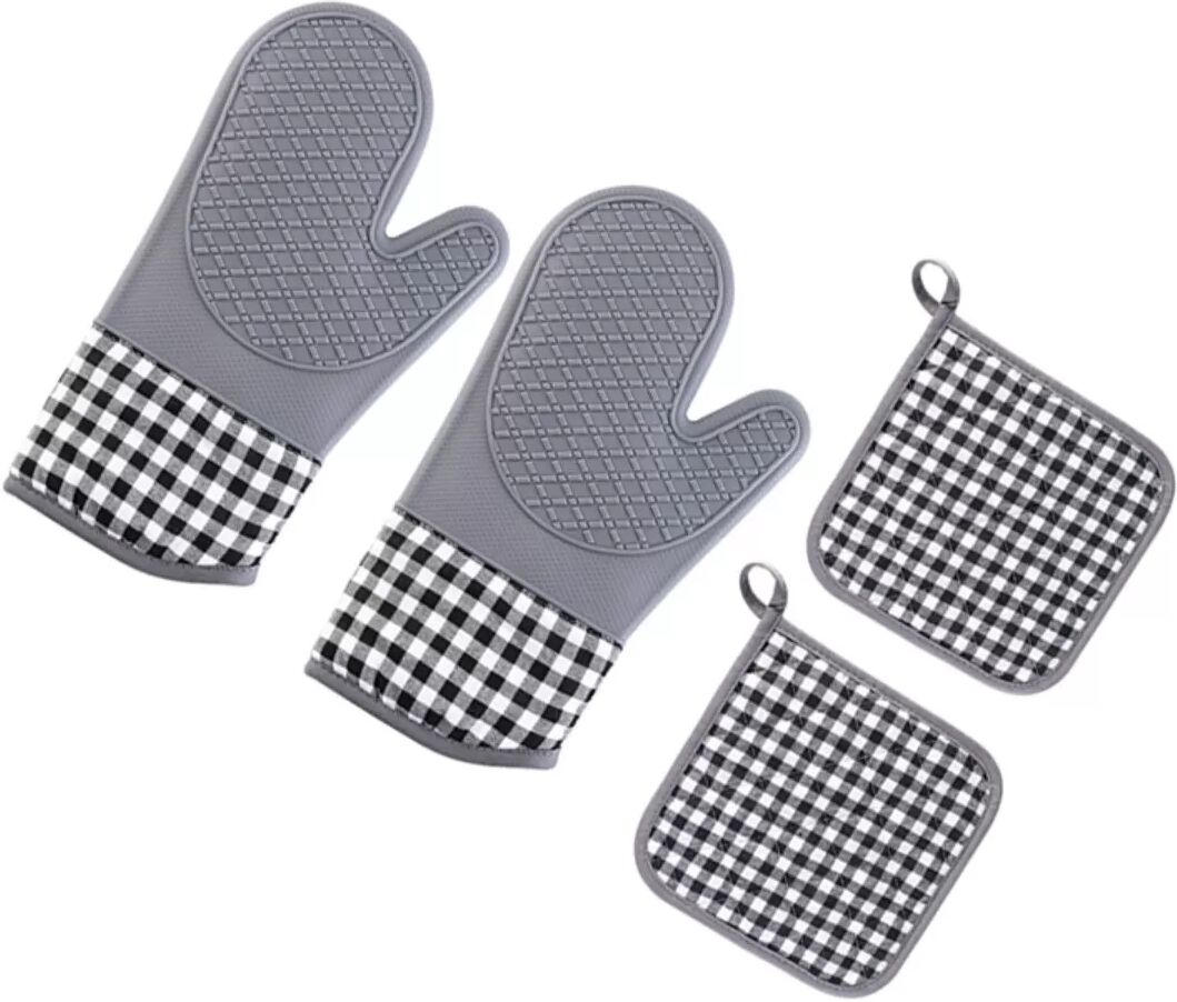 INF Graues kariertes Silikon-Tischset mit 2 Ofenhandschuhen & 2 Topflappen
