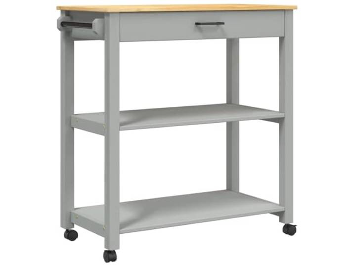 Foknhdi Küchenwagen Massivholz Kiefer Servierwagen Grau 84x40x88,5 cm Vielseitiger Rollwagen mit Schublade, 2 Ablagen und Haken für Küche, Wohnzimmer oder Bad. Stabil und flexibel mobil.