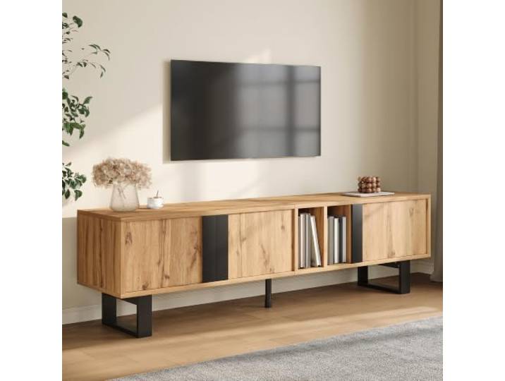 BXEYXE Wohnzimmerschrank,3 Einzeltüren,Zwei getrennte Fächer,offene Ablagen,Schwarze Eisenbeine,Kabelöffnungen,gedämpfte Metallscharniere,Mehrzweck-Aufbewahrung,TV-Schrank