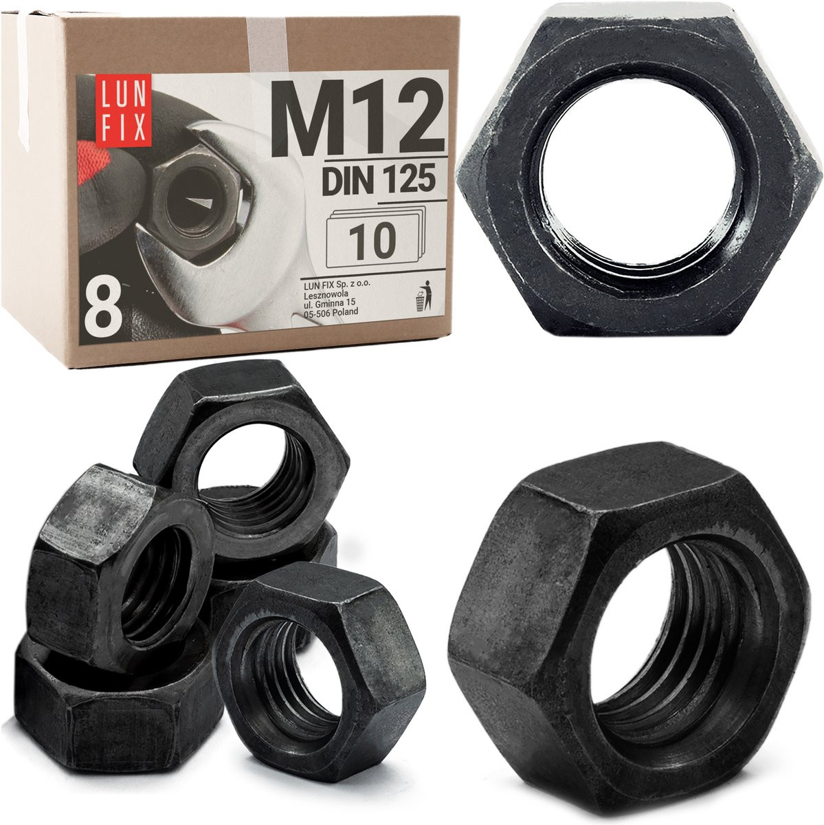 Zeskantmoer M12 zwart - 10 stuks - DIN 934 - Sterkte 8 - Verzinkt staal