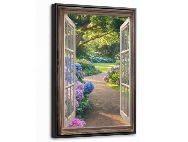 MuchoWow Leinwand Bilder mit Rahmen - Aussicht - Garten - Fenster - Hortensie - Blumen - 40x60, Pastellblau, Rechteckig, 40x60 cm, gerahmt, Bilder & Rahmen, Bilder, Leinwandbilder