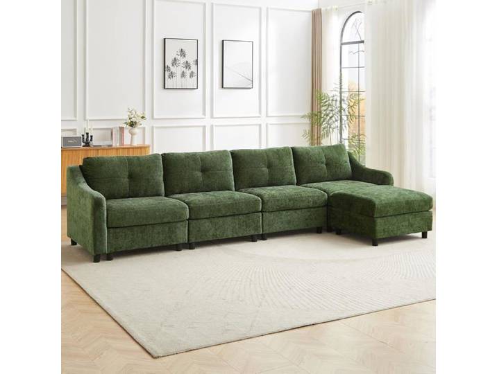 JIEXI Canapé d'angle convertible Canapé en velours côtelé canapé-lit 251 cm (Vert foncé 4 sièges + 1 tabouret)