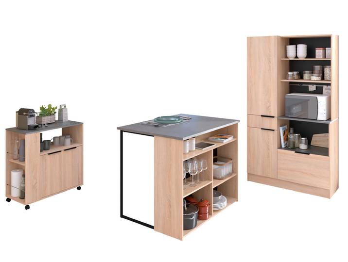 Küchenbuffet Fumay3, 3teilig Eiche Dekor/ Beton Optik