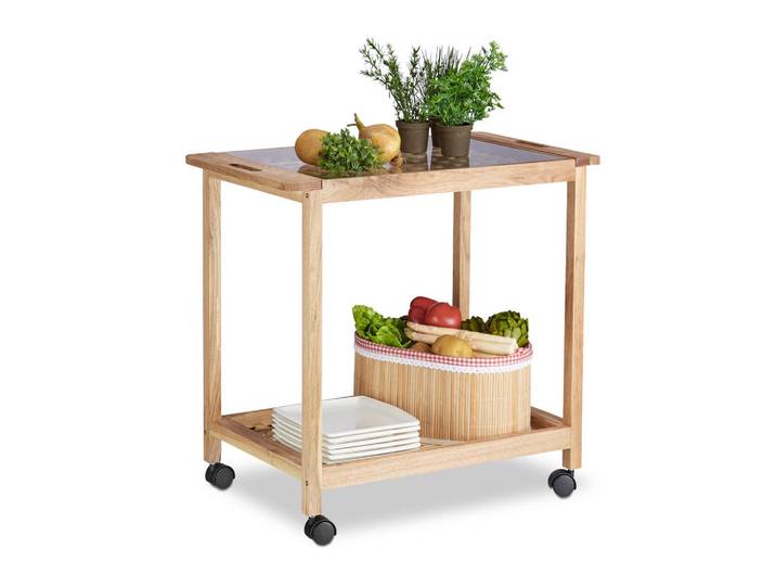 Relaxdays Küchenwagen Walnuss auf Rollen Glasplatte 2 Etagen, Hellbraun, Holz, Glas, 66x62x38 cm, Esszimmer, Servierwagen