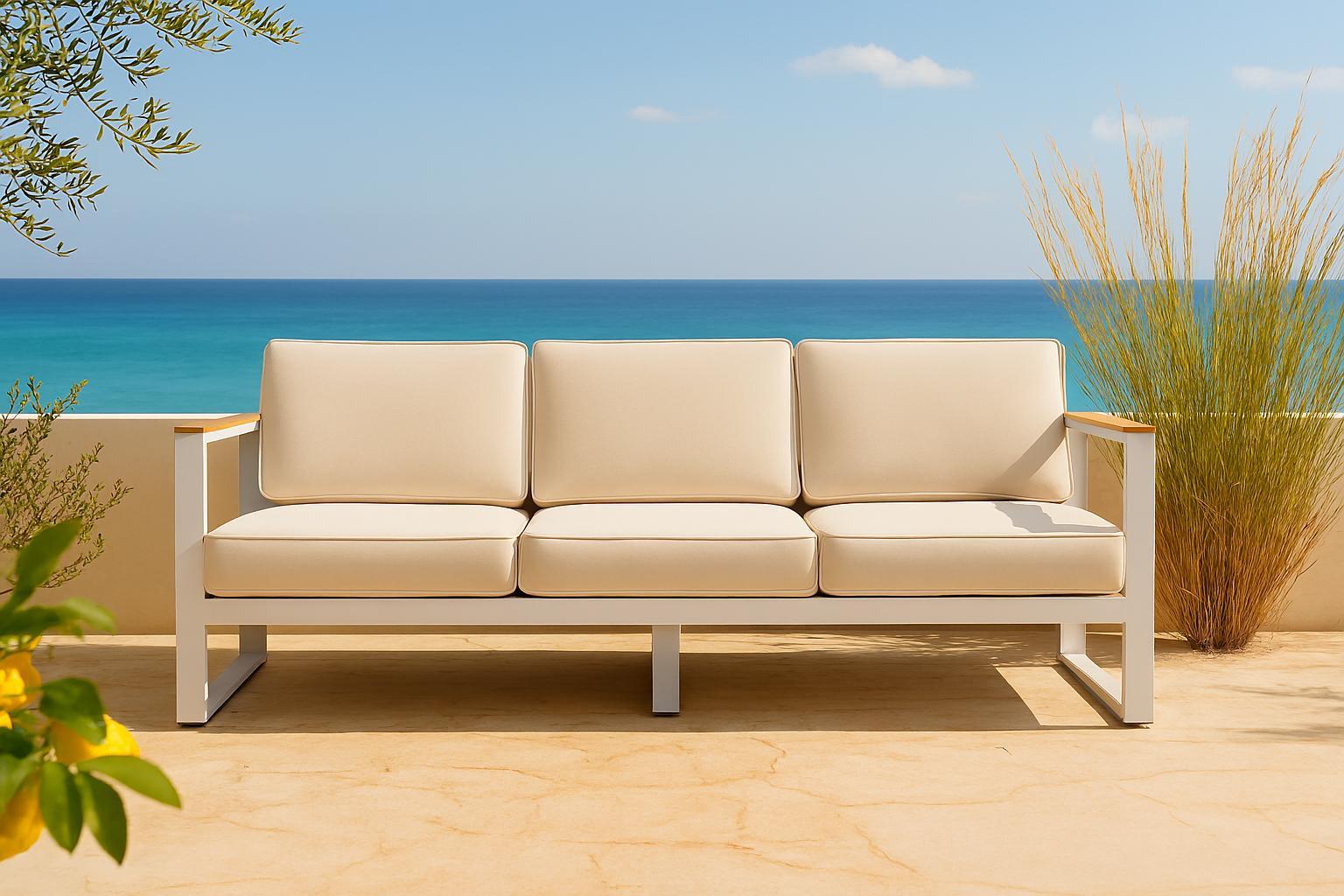 Beige Couch für 3 Personen, Modell Casablanca, für den Garten oder die Terrasse, mit Holzelementen