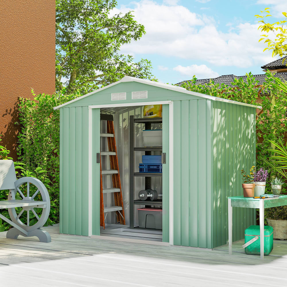 Outsunny Abri de jardin remise pour outils avec fondation acier vert clair Vert 213x185x130cm