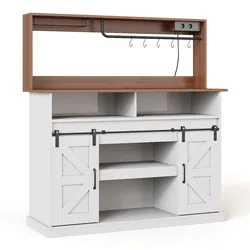 MODFU Kaffeebarschrank aus MDF in Weiß/Natur mit Schiebetüren und Steckdosen, 120x40x130 cm