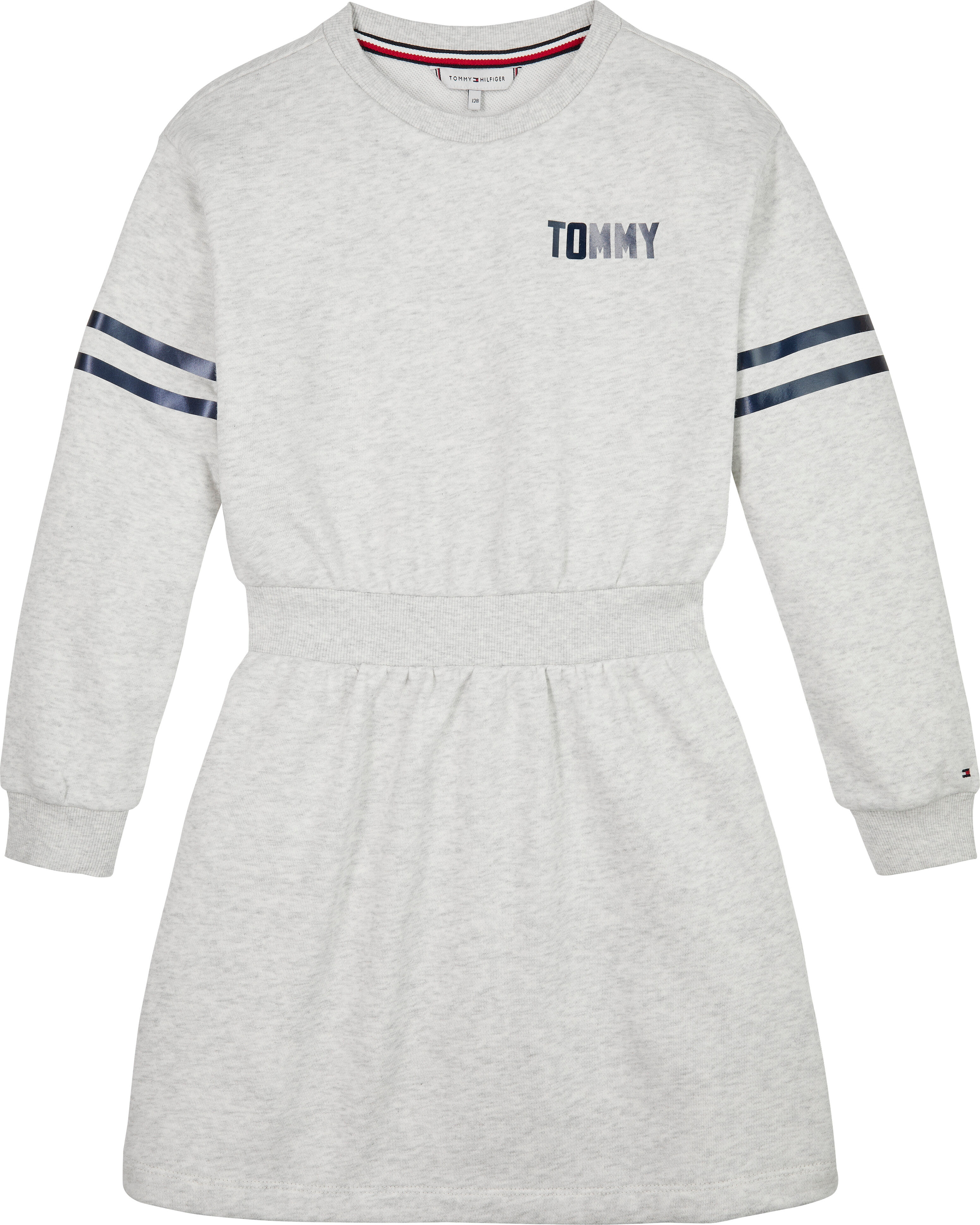 Sweatkleid TOMMY HILFIGER "SATIN APPLIQUE HWK DRESS LS", Mädchen, Gr. 5 (110), N-Gr, grau (grau heather), Sweatware, Obermaterial: 70% Baumwolle, 30% Polyester, meliert, regular fit ca. Mitte Knie, Rundhals, Bündchen, Kleider Sweatkleid, für Kinder bis 16